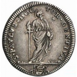Реверс монеты Папская область, 1 джулио, 1714-1715, Надпись на реверсе: "S PAVLUS DOC TOR GENTIUM"