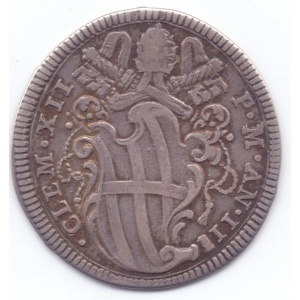 Аверс монеты Папская область, 1 джулио, 1731-1736, Герб на аверсе, надпись на реверсе: "VÆ VOBIS QVI SATVRATI ESTIS" …