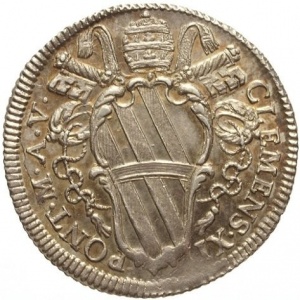 Аверс монеты Папская область, 1 джулио, 1734-1736, Герб на аверсе, надпись на реверсе: "VÆ VOBIS QVI SATVRATI ESTIS" …