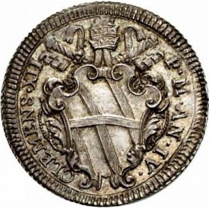 Аверс монеты Папская область, 1 джулио, 1734-1737, Надпись на реверсе: "ABVNDET IN GLORIAM DEI" в картуше