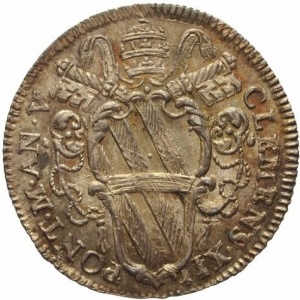 Аверс монеты Папская область, 1 джулио, 1735-1737, Надпись на реверсе: "A A A F F RESTITVTVM COMMERC" в картуше