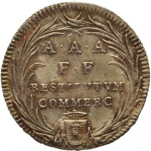 Реверс монеты Папская область, 1 джулио, 1735-1737, Надпись на реверсе: "A A A F F RESTITVTVM COMMERC" в картуше