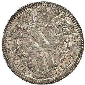 Аверс монеты Папская область, 1 джулио, 1735-1737, Надпись на реверсе: "A A A F F RESTITVTVM COMMERC" в венке