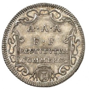 Реверс монеты Папская область, 1 джулио, 1735-1737, Надпись на реверсе: "A A A F F RESTITVTVM COMMERC" в венке