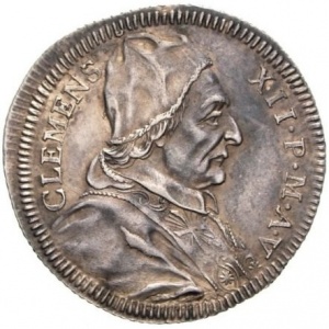Аверс монеты Папская область, 1 джулио, 1735, Папа на аверсе, надпись на реверсе в картуше