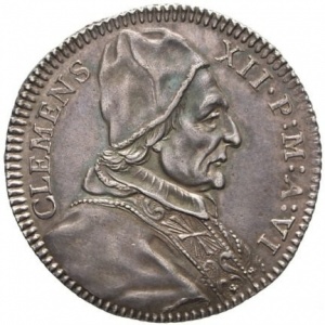 Аверс монеты Папская область, 1 джулио, 1735, Папа на аверсе, надпись на реверсе в венке
