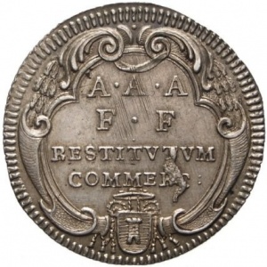 Реверс монеты Папская область, 1 джулио, 1735, Папа на аверсе, надпись на реверсе в венке