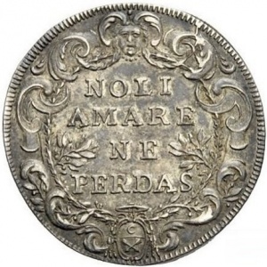 Реверс монеты Папская область, 1 тестоне, 1691, Надпись: "NOLI AMARE NE PERDAS" на реверсе