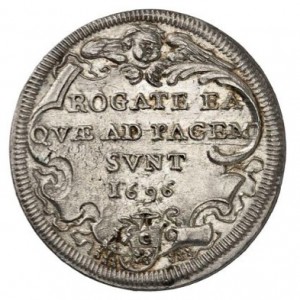 Реверс монеты Папская область, 1 тестоне, 1696, Прямая надпись