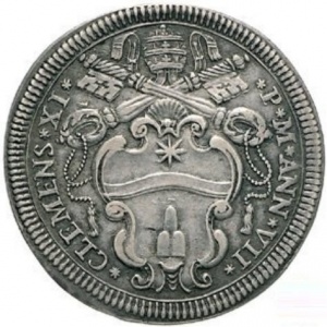 Аверс монеты Папская область, 1 тестоне, 1705-1709, Надпись: "QVI MISERETVR PAVPERIS BEATVS ERIT" в картуше на реверсе