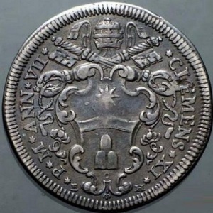 Аверс монеты Папская область, 1 тестоне, 1707, Герб на аверсе, Мадонна с младенцем на реверсе