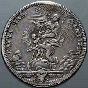 Реверс монеты Папская область, 1 тестоне, 1707, Герб на аверсе, Мадонна с младенцем на реверсе