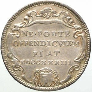 Реверс монеты Папская область, 1 тестоне, 1733, Надпись на реверсе: "NE FORTE OFFENDICVLVM FIAT"