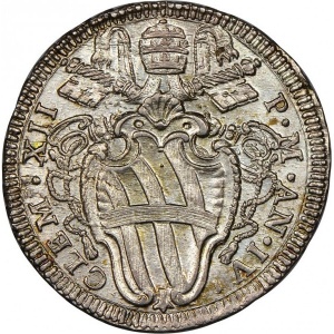 Аверс монеты Папская область, 1 тестоне, 1733-1734, Надпись на реверсе: "POPVLIS IMMVNI EMPORIO DONATIS"