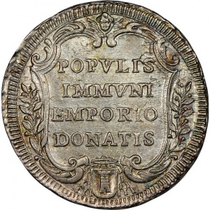 Реверс монеты Папская область, 1 тестоне, 1733-1734, Надпись на реверсе: "POPVLIS IMMVNI EMPORIO DONATIS"