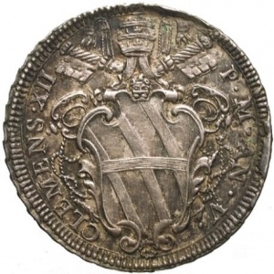 Аверс монеты Папская область, 1 тестоне, 1734, Надпись на реверсе: "QVÆRITE VT ABVNDETIS"