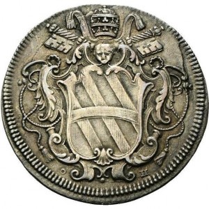Аверс монеты Папская область, 1 тестоне, 1736, Герб на аверсе, надпись на реверсе: "GENVS ALTO A SANGVINE"
