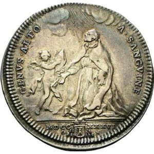 Реверс монеты Папская область, 1 тестоне, 1736, Герб на аверсе, надпись на реверсе: "GENVS ALTO A SANGVINE"