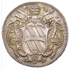 Аверс монеты Папская область, 1 тестоне, 1736, Герб на аверсе, надпись на реверсе: "COMMODITAS VIARVM REDVX"