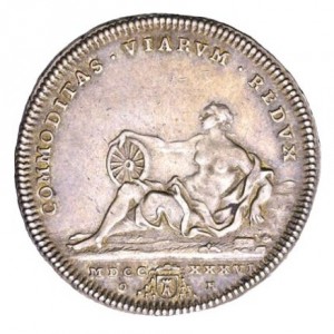 Реверс монеты Папская область, 1 тестоне, 1736, Герб на аверсе, надпись на реверсе: "COMMODITAS VIARVM REDVX"
