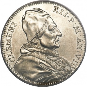 Аверс монеты Папская область, 1 тестоне, 1736, Папа на аверсе, надпись на реверсе: "COMMODITAS VIARVM REDVX"