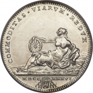 Реверс монеты Папская область, 1 тестоне, 1736, Папа на аверсе, надпись на реверсе: "COMMODITAS VIARVM REDVX"