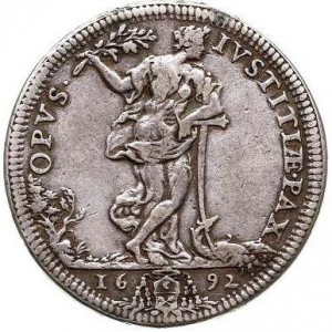 Реверс монеты Папская область, ½ пиастра, 1692, Надпись на реверсе: "OPVS IVSTITIÆ PAX"