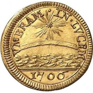 Реверс монеты Папская область, ½ скудо, 1706, Три скалы в море на аверсе