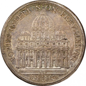 Реверс монеты Папская область, 1 пиастр, 1677, Папа на аверсе