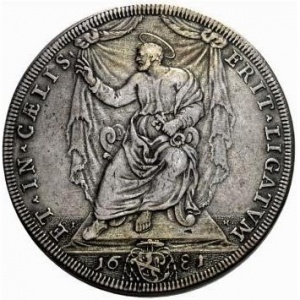 Реверс монеты Папская область, 1 пиастр, 1680-1681, Заостренный герб на аверсе