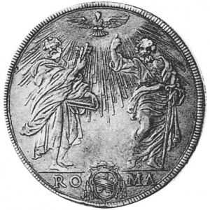 Реверс монеты Папская область, 1 пиастр, 1689, Святой Петр и Святой Павел на реверсе