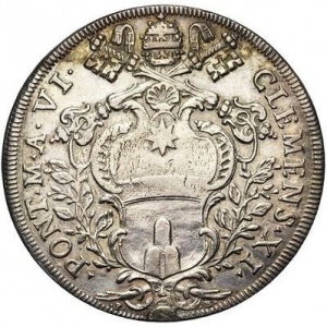Аверс монеты Папская область, 1 пиастр, 1704, Папский герб в венке на аверсе
