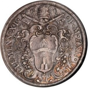 Аверс монеты Папская область, 1 пиастр, 1705, Папский герб в гирлянде на аверсе