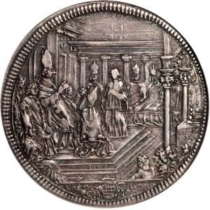 Реверс монеты Папская область, 1 пиастр, 1705, Папский герб в гирлянде на аверсе