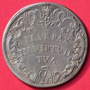 Реверс монеты Папская область, 1 пиастр, 1709, На аверсе надпись начинается в левом нижнем углу