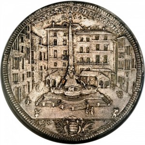 Реверс монеты Папская область, 1 пиастр, 1713, Фонтан с площадью Пантеона на реверсе