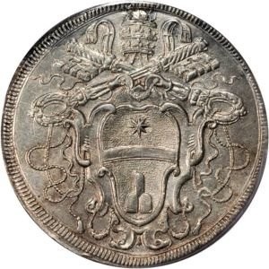 Реверс монеты Папская область, 1 пиастр, 1715, Бюст справа на аверсе