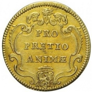 Реверс монеты Папская область, 1 скудо, 1676, Надпись на реверсе: "PRO PRETIO ANIMÆ"