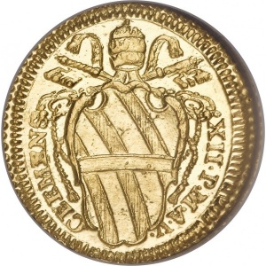 Аверс монеты Папская область, 1 скудо, 1735, Картуш с морской раковиной наверху