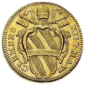 Аверс монеты Папская область, 1 скудо, 1735, Герб на аверсе, надпись на реверсе: "LABOR ADDITVS"
