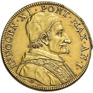 Аверс монеты Папская область, 4 доппии, 1676-1677, Мадонна сидит с младенцем и святые вокруг на реверсе