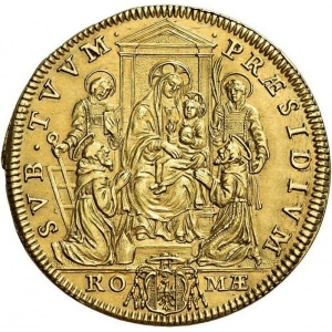 Реверс монеты Папская область, 4 доппии, 1676-1677, Мадонна сидит с младенцем и святые вокруг на реверсе
