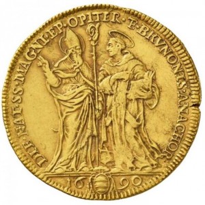 Реверс монеты Папская область, 4 доппии, 1690, Надпись на реверсе: "DIE NAT SS MAGNI ET OPITER BRVNONIS ANACHOR"