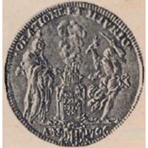 Реверс монеты Папская область, 4 доппии, 1706, Благочестие и раздор у алтаря