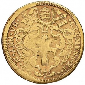 Аверс монеты Папская область, 4 доппии, 1707, Благотворительность стоит с ребенком