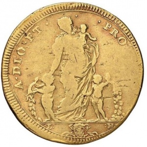 Реверс монеты Папская область, 4 доппии, 1707, Благотворительность стоит с ребенком