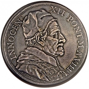 Аверс монеты Папская область, 1 пиастр, 1699, Восстановление порта Анцио