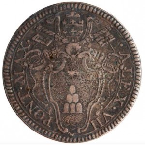 Аверс монеты Папская область, 1 джулио, 1655, Александр VII, 4-кратний папский герб на аверсе