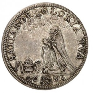 Реверс монеты Папская область, 1 тестоне, 1670, Папа на реверсе