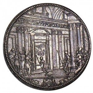 Реверс монеты Папская область, 1 пиастр, 1675, Открытие Святой двери /Папа на аверсе/
